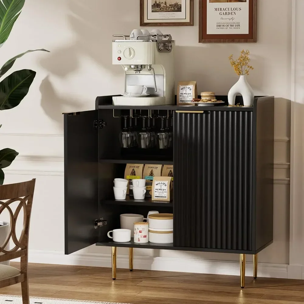 Mueble para cafetería con botellero y soporte para copas, mueble para licores con puertas estriadas, aparador moderno para buffet