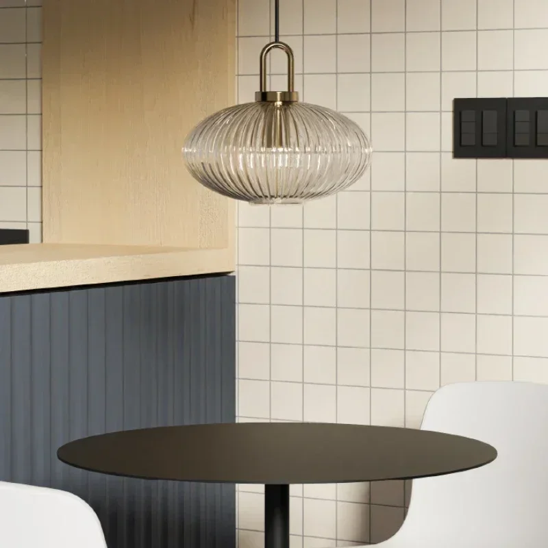 

SANDYHA LED Pendant Light Nordic Striped Pumpkin Glass Chandelier Ideal for Bedroom Study Dining Home Decor Stylish Lighting