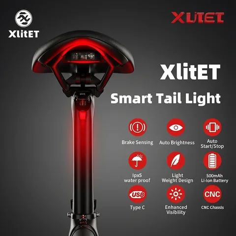 Enfitnix XlitET Bicycle Taillights Auto Start/Stop Bike Rear Smart Taillight USB /Type C Charging WaterProof Brake Sensing Light