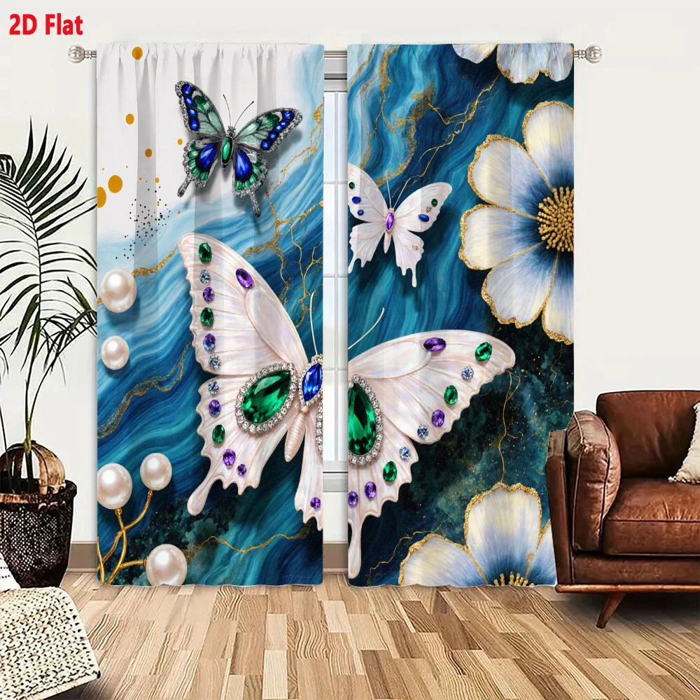 2Pcs Curtains 2D Flat Ornate Blue Gold Marbled Background Butterfly Brooch Set With Emerald Sapphire Amethyst Diamonds Pearls &