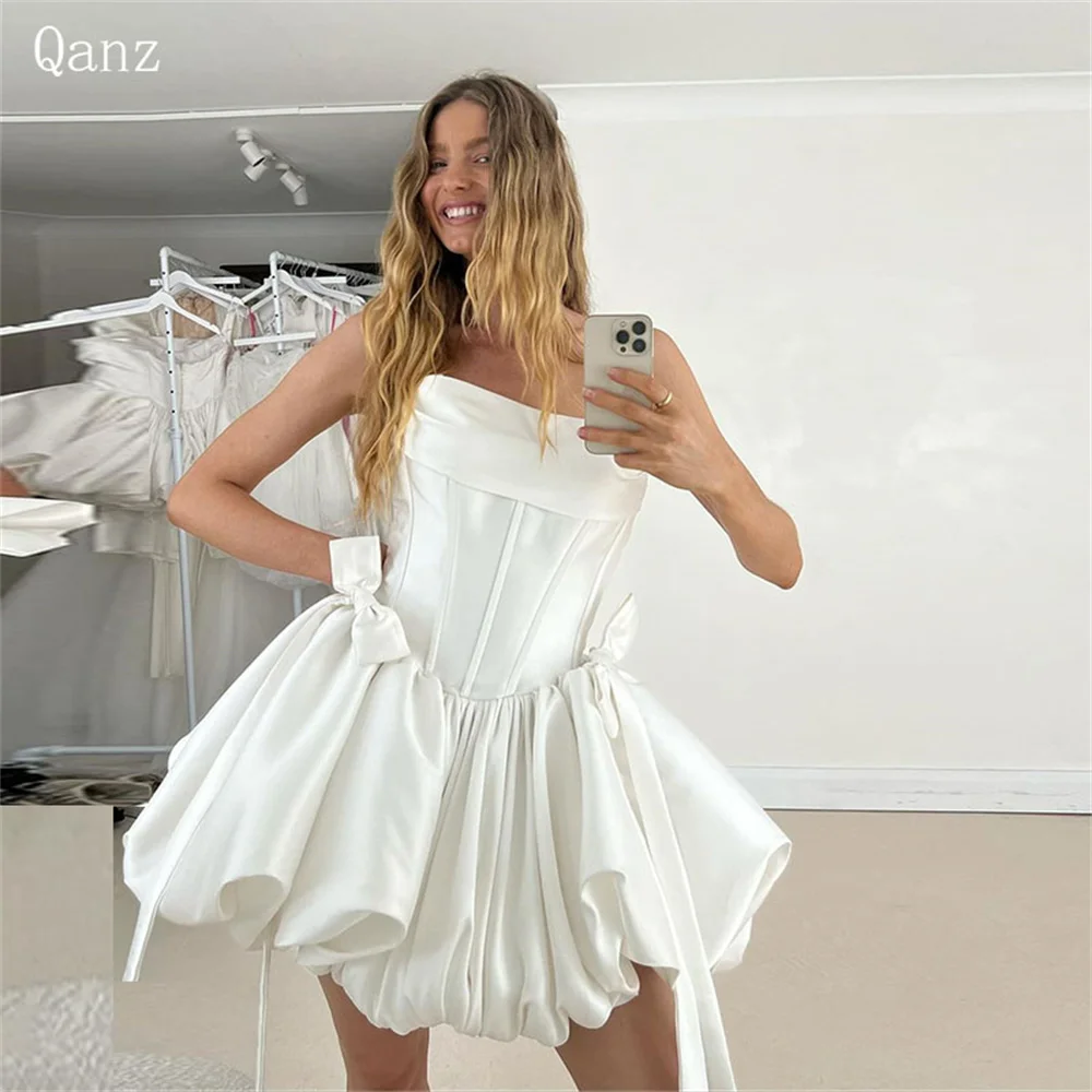 Qanz-White cetim vestidos de casamento, Strapless SShort vestidos de noiva, arco Mini vestido, casamento