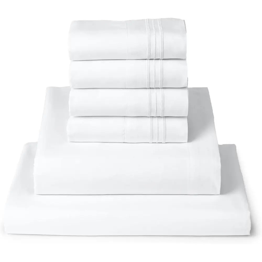 6-Piece Queen Sheet Set: 16-Inch Pocket, 4 Pillowcases, Cooling Brushed Microfiber, Easy Care White Bedding