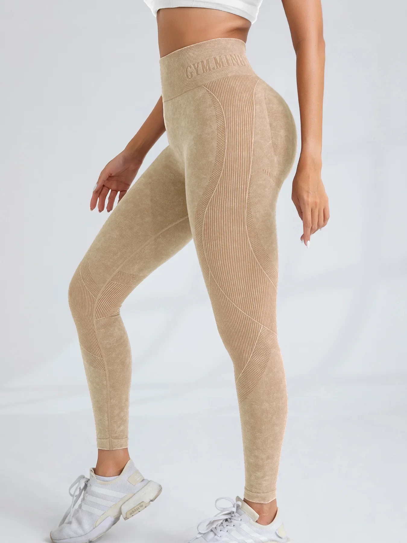 Damen High-Waist Nahtlose Yoga-Hose mit Buchstabenmuster, Sandgewaschen, Po-Lifting, Eng anliegende Taille, für Sport und Outdoor, Modische Leggings – Detail 25