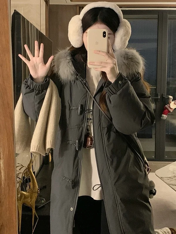 

Trendy Thiened Long ey Rabbit Fur Collar Hooded Coat for Women Winter New Arrival Korean Sle Straight Cut Cotton Jaet
