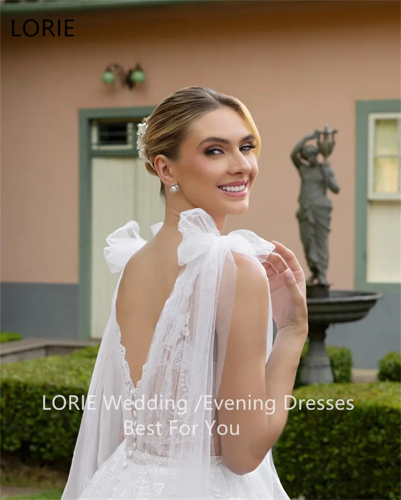 LORIE a 라인 레이스 웨딩 드레스 스파게티 스트랩 보우 v 넥 백리스 신부 가운 버튼 바닥 길이 신부 가운 맞춤형