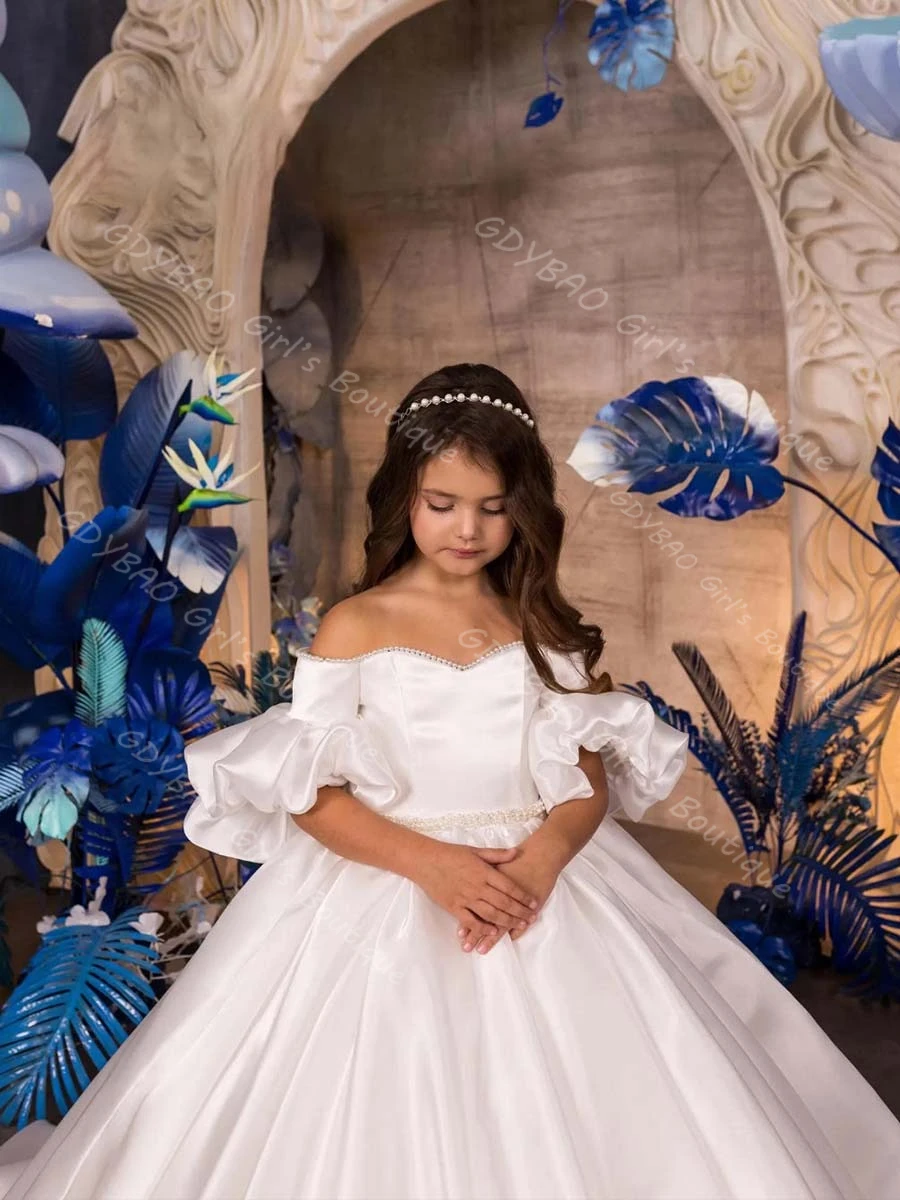 قبالة الكتف زهرة فتاة فستان لحفل الزفاف 2-14 أطفال نفخة الأكمام فرشاة قطار 1st بالتواصل فستان المسابقة مخصص حفلة الكرة ثوب