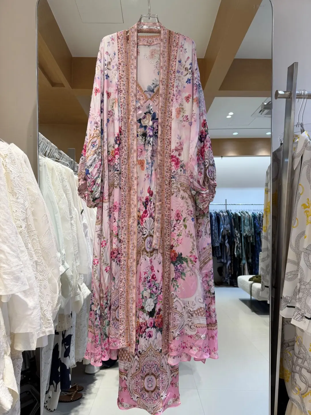

Crystal Beaded Women Floral Print Pink Set V-Neck Sleeveless High Waist Sling Dress + Lantern Sleeve Coat Elegant Silk Suit