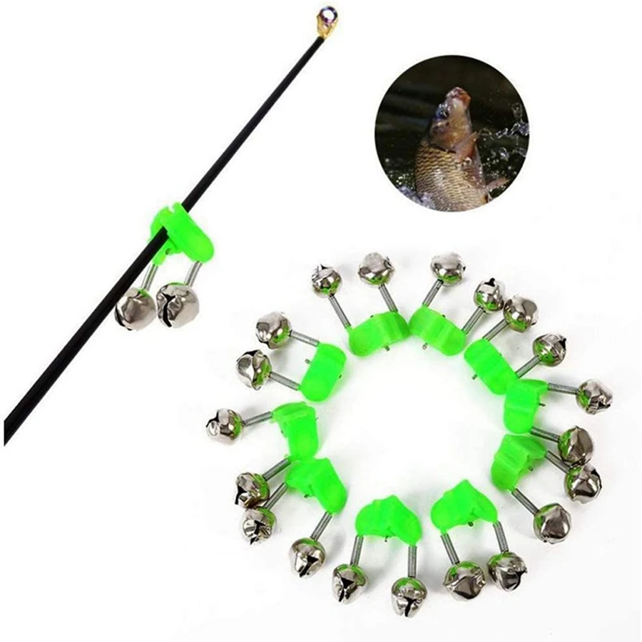 40PCS Fishing Rod Bells Alarm Ring Fishing Bite Rod Clip Green Tip Clip ABS Fish Bell Alarm Fishing Tackle