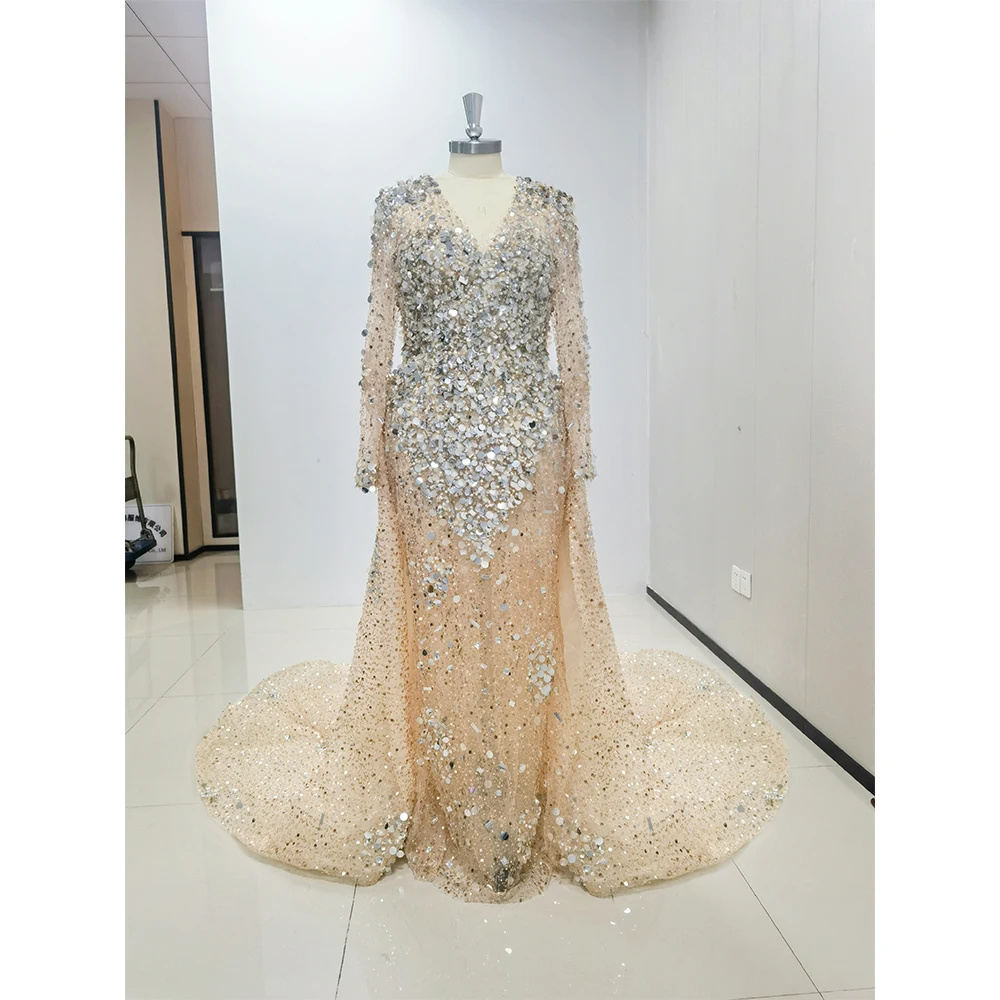 Spark Sequined Crystal V-Neck Long Sleeve Evening Dress Chapel Train Organza Luxury Formal Gown For Pretty Women Vestidos 2024