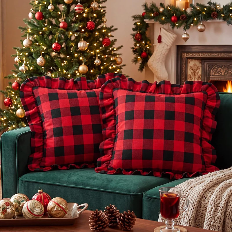 Christmas Plaid Ruffle Throw Pillow Cover Xmas Tartan Decorative Bed Pillow Shams With Frill Edge for Sofa Couch Home Decoration