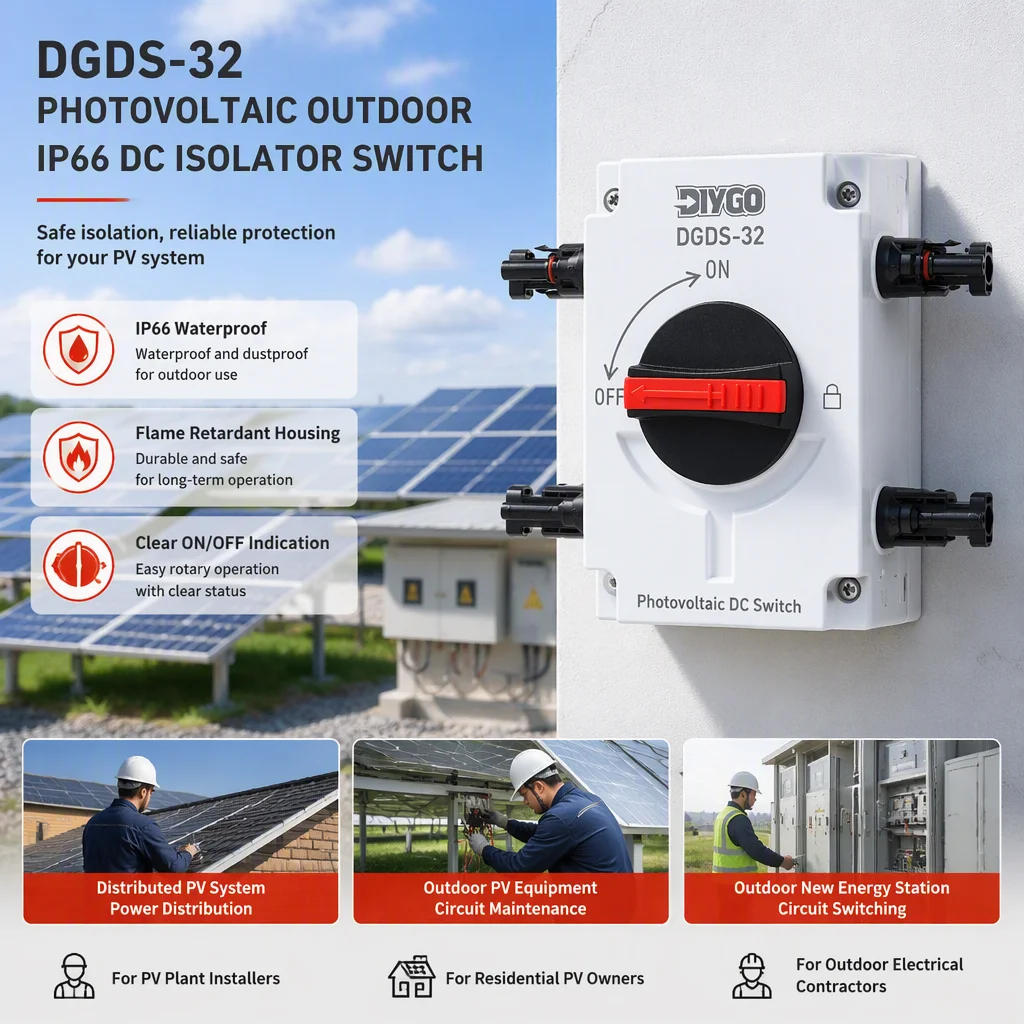 DIY GO Photovoltaik-DC-Trennschalter IP66 Wasserdichter Outdoor-Solar-Trennschalter 1200V 32A 4P PV für Solarsysteme – Detail 1