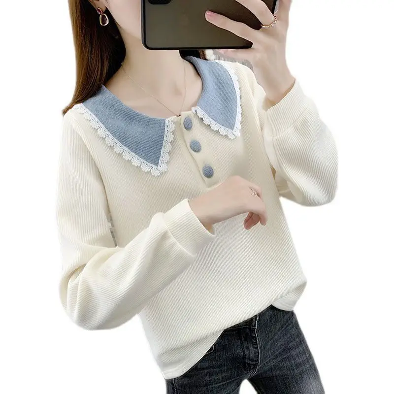 Sweet Fashion Peter Pan Collar Loose Long Sleeve Sweaters Women\'s Clothing All-match Lace Cut Solid Color Knitted Jumpers Female