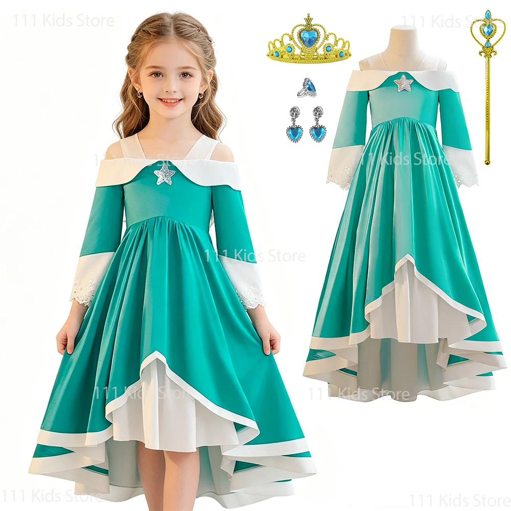 Kids Girls Super Brother Rosalina Cosplay Costume Princess Peach Evening Dress Children Theme Party Perform Outfit Birthday Gift