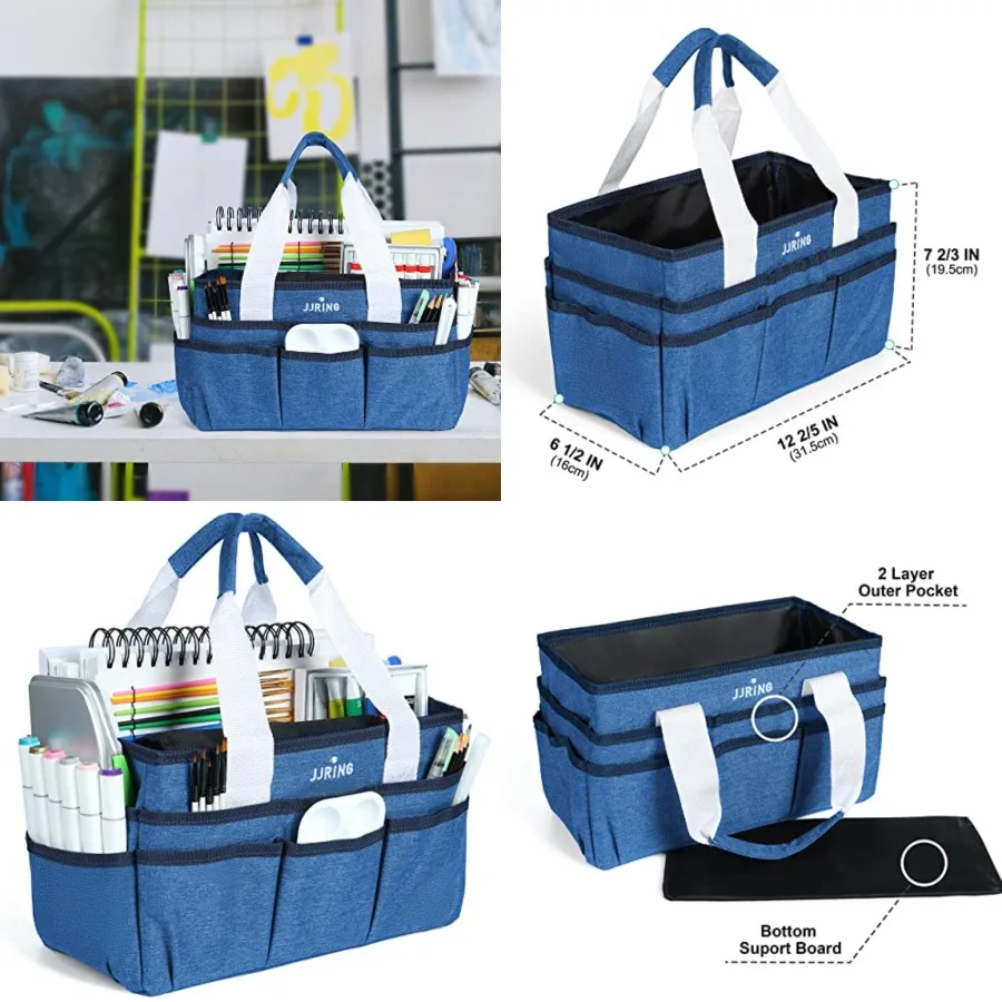

Craft Organizer Tote Bag Art Storage Caddy with Multiple Pockets Blue Sewing Bag for Art Craft Scrapbooking School Medical and