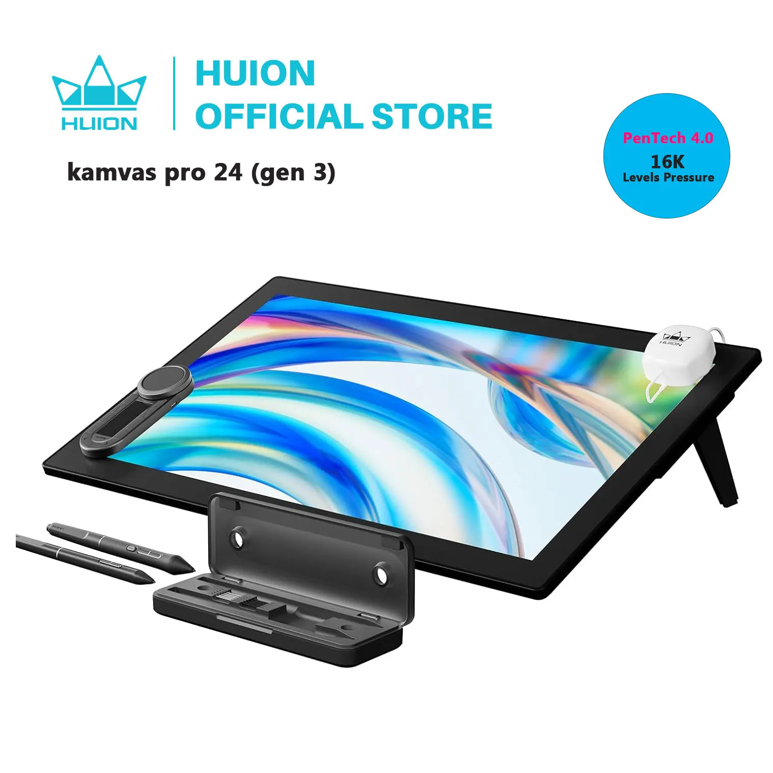 HUION KAMVAS Pro 24 (Gen 3) Touch Drawing Tablet with Screen 4K UHD Pentech 4. 16K Levels Pressure for Pen Display with Dual Pen
