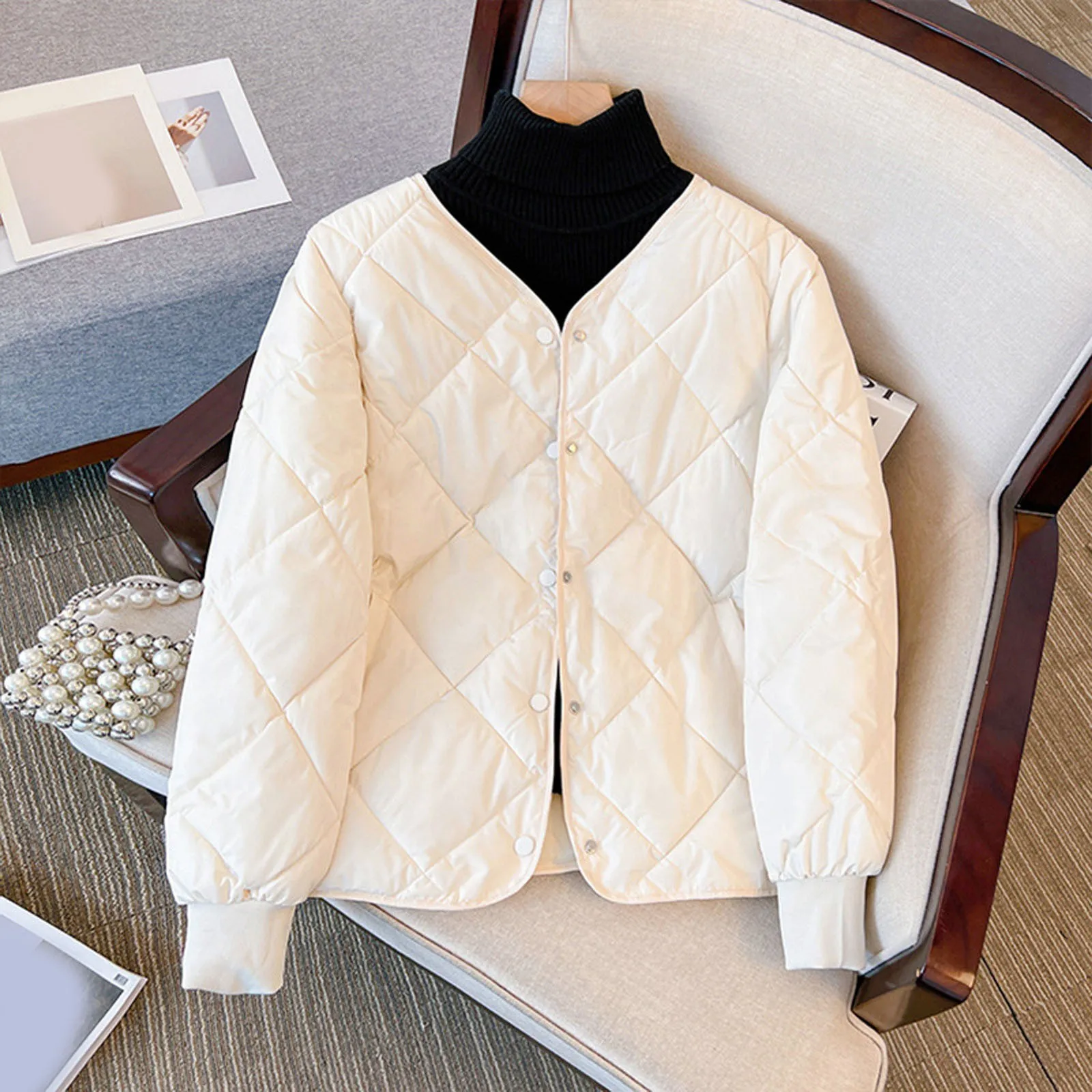 Vintage White Cotton Jacket Women Korean Fashion Casual Warm Coat Autumn Winter Single Breasted Thin Outerwear Female 2024 New