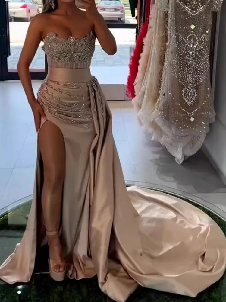 

Elegant Luxury Heavy Beaded Evening Dresses 2024 Strapless Crystal Sexy Front Split Party Special Occasion Dress Wedding Formal