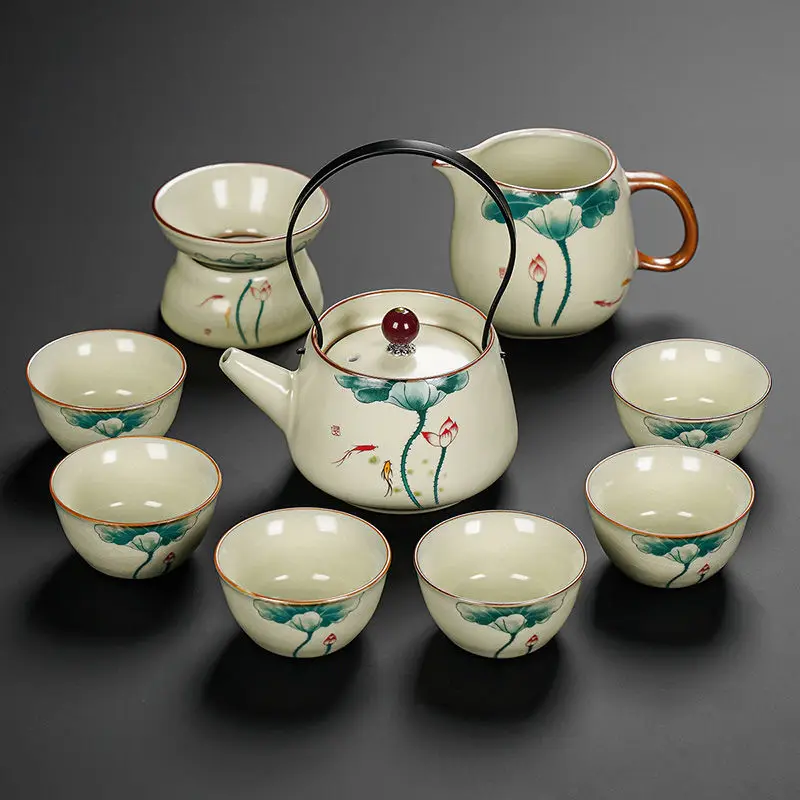 Chinese Kung Fu Tea Set, Ceramic Loop Hand Teapot Teacup, Household Teaware, 10 Pieces Set, Retro Ru Kiln Crack Glaze Porcelain