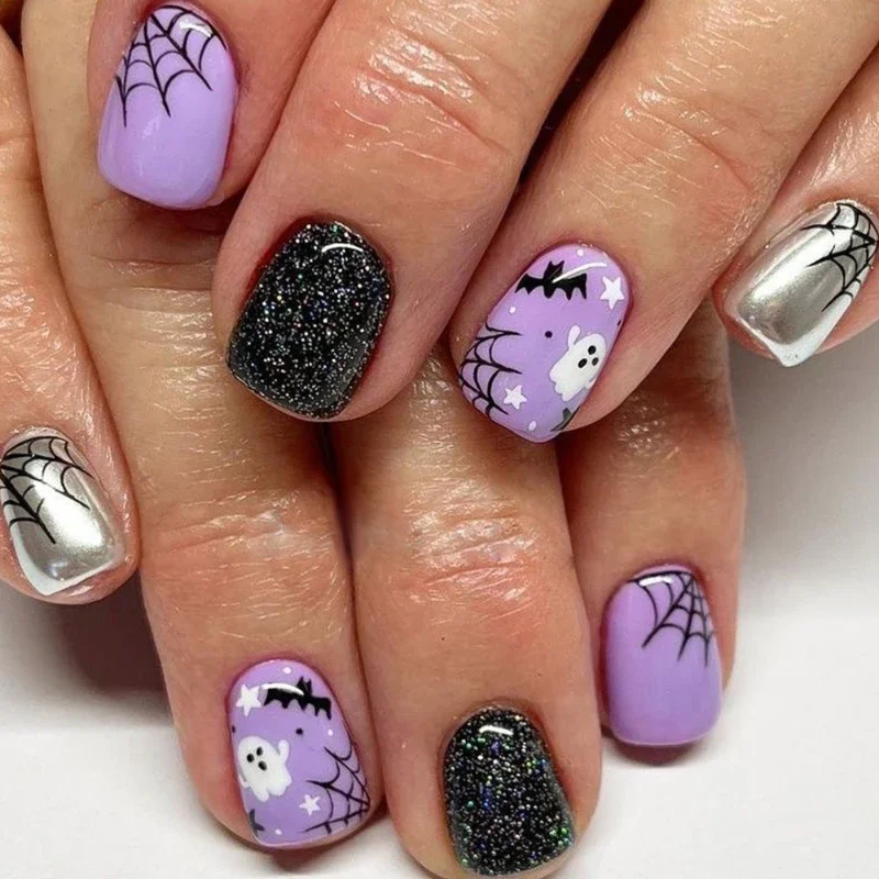 10pcs Halloween Creative Short Square Head False Nails Purple Black Cute Bat Ghost Spider Web Press on Nails Wearable Nails Tip