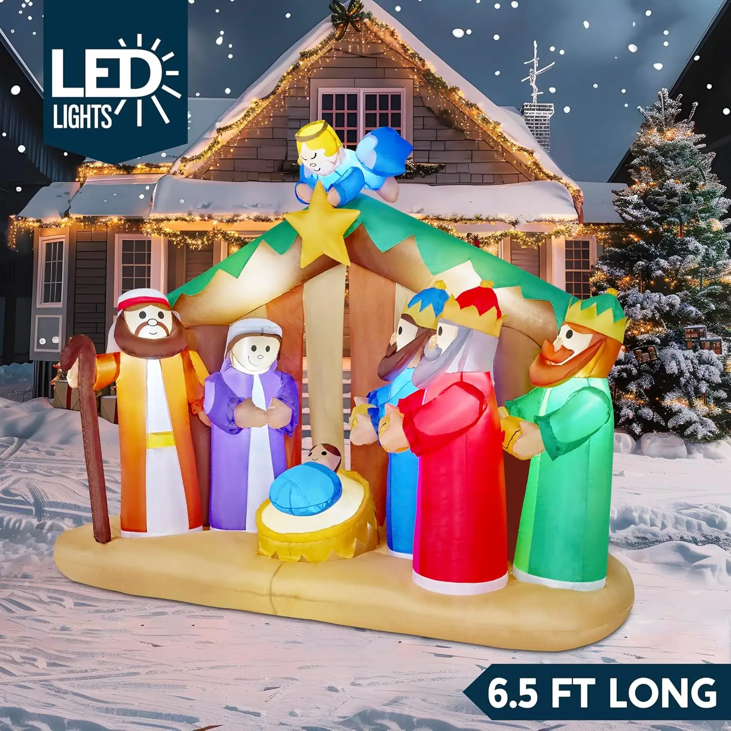 Christmas Inflatable Nativity Scene 6.5 FT Long with Angels Built-in LEDs Blow up Outdoor Holiday Decorations for Party Indoor