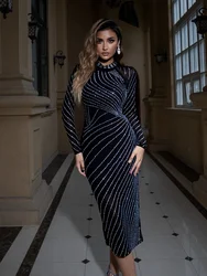 Kobiety seksowna siatka kryształowe diamenty Midi czarna dopasowana sukienka siatka rozciągnięta Gradient sukienka z długimi rękawami Vestido