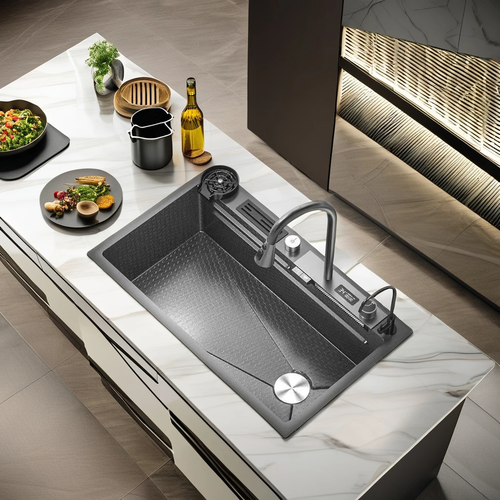 New Arrival Multi-function Gun Grey Waterfall Single Bowl Kitchen Sink Set Nano Stainless Steel Handmade Sink With Faucet