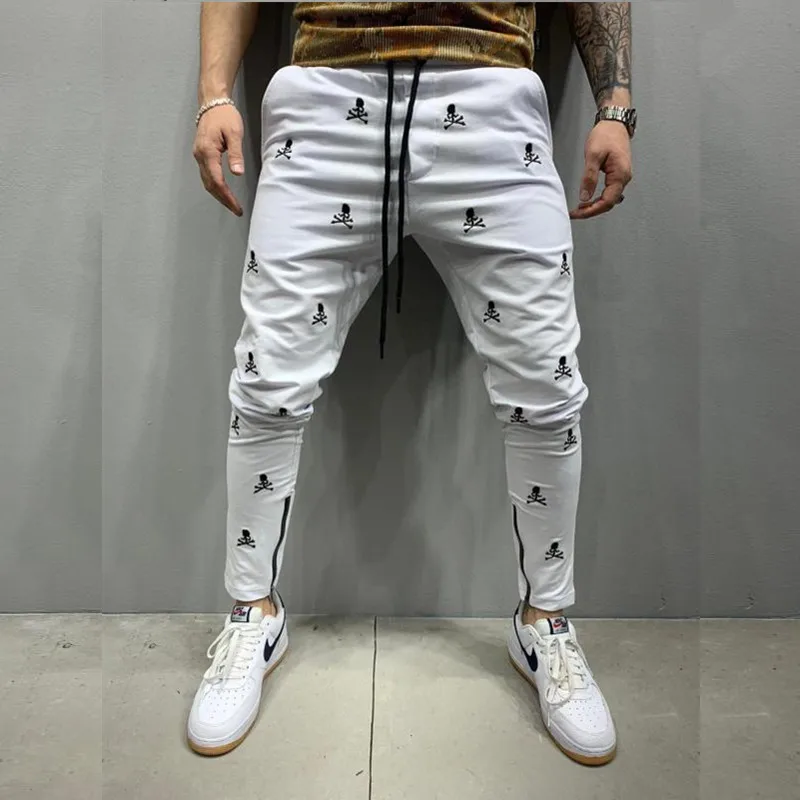 

Mens New Jogging White Tactical Pants Harajuku Skull Embroidery Skinny Casual Sport Trousers Man Hip Hop Feet Zip Up Track Pants