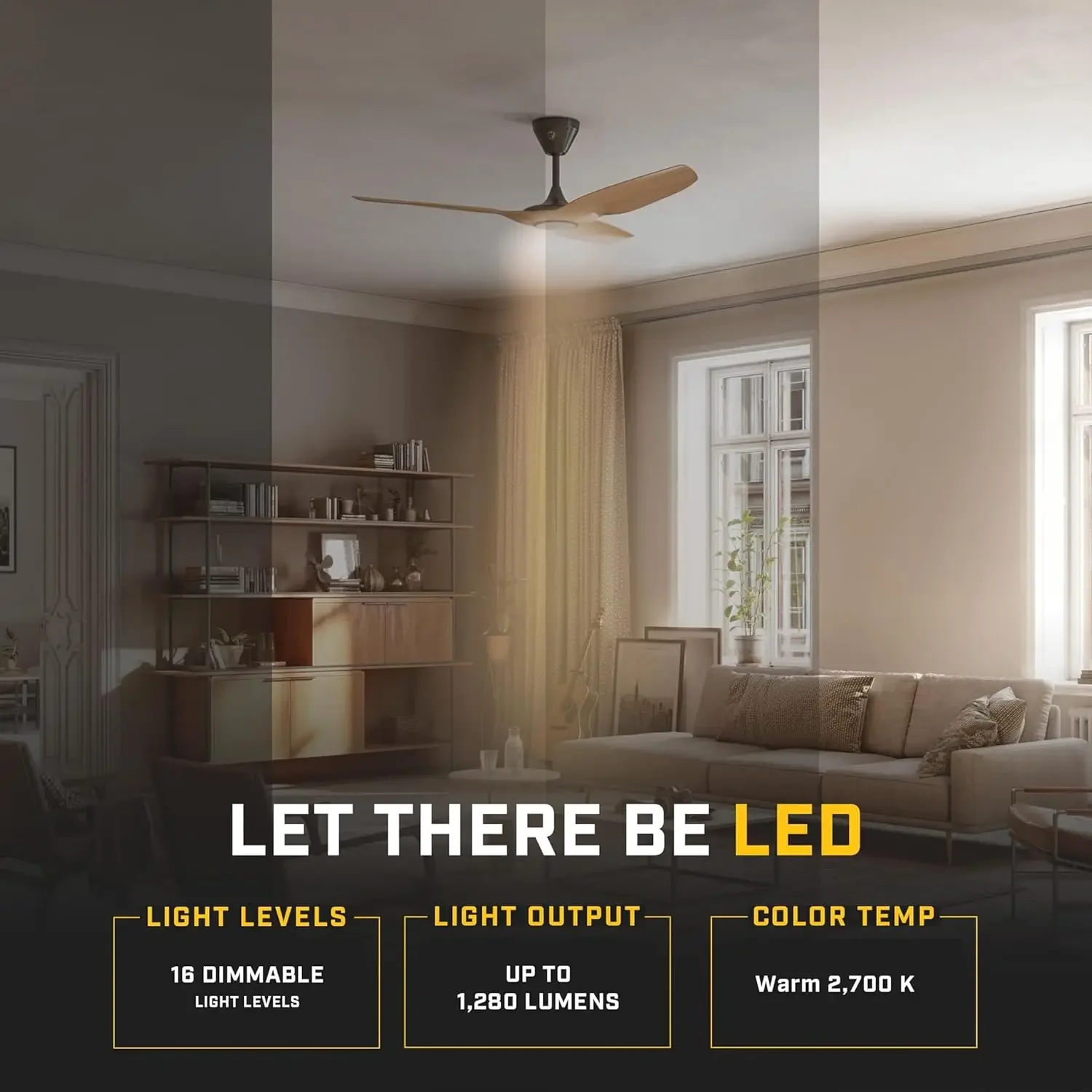 Ventilador de techo inteligente – Refrigeración de bajo consumo para el hogar, el dormitorio, la oficina, el espacio de estar y más – 16 luces