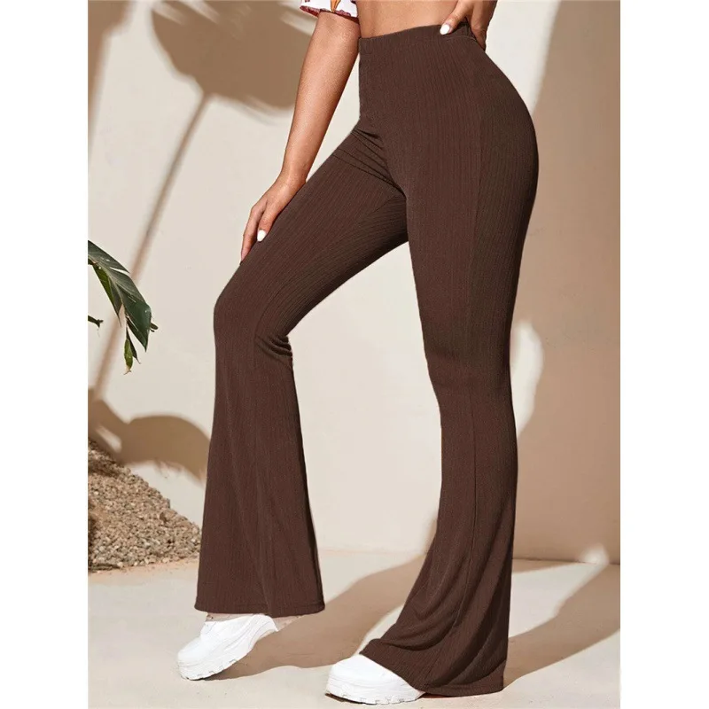 5-Solid Color Tight Flared Pants Women Elastic Long Pants Spring Autumn Y2K Bell-Bottoms Trousers