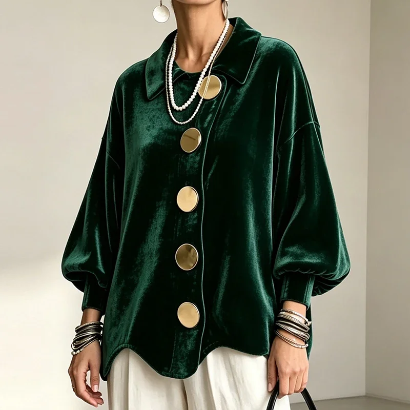 New Autumn Winter Gold Velvet Jackets For Women Turn Down Collar Big Button Loose Cardigan Female Fashion Outerwear Lady Coats