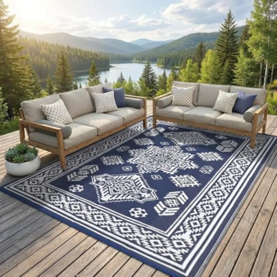 

Outdoor patio rug, waterproof foldable plastic straw carpet, navy floral reversible mat, lightweight for picnic, backyard, RV,
