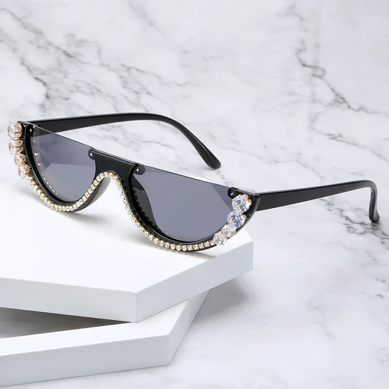 Womens Semi Rimless Cat Eye Sunglasses Diamond Rhinestone UV400 Luxury Elegant for Party Decor Eyewear
