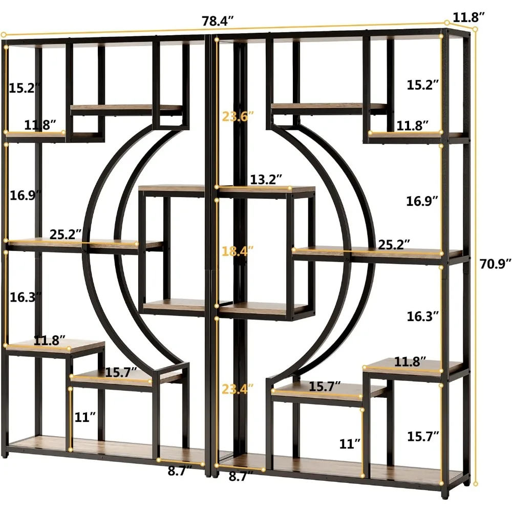 مجموعة أرفف كتب طويلة مكونة من رف عرض هندسي عريض مقاس 2.79 بوصة مع 18 رفًا تخزينًا مفتوحًا، وغسول رمادي مقاوم للخدش وإطار معدني