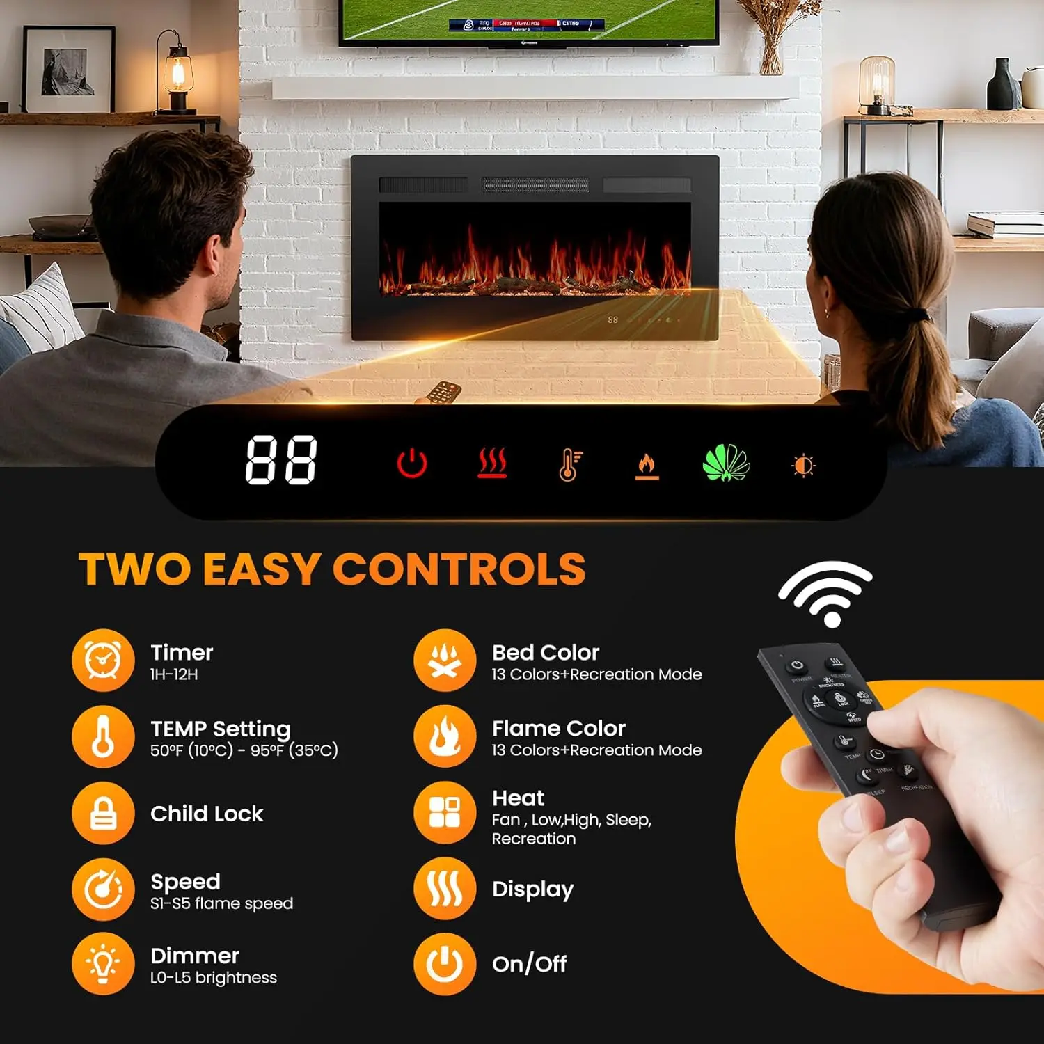 42' Electric Fireplace Insert, 1500W Wall-Mounted & Recessed, Remote-Controlled Heater with Adjustable Flame & 12H Timer
