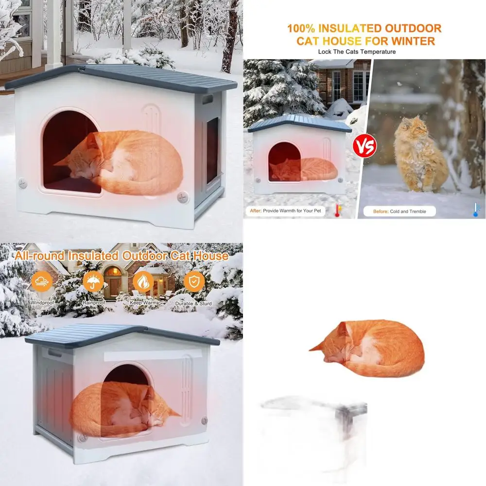 

Утепленный уличный домик для кошек с водонепроницаемой дверью, простая сборка - серый