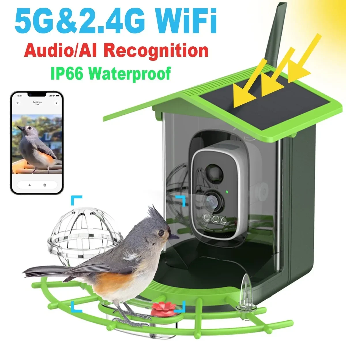 DIDSeth 4MP Bird Box Camera Solar Panel Powered 2K Color Night Vision IP66 with 4800mAh Battery  2-Way Audio for Birdwatching