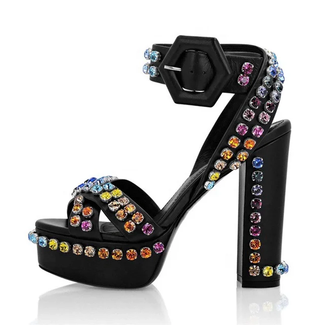 

Летние женские сандалии на платформе с блестящими кристаллами и ремешком на щиколотке с открытым носком, вечерние туфли большого размера на массивном высоком каблуке с пряжкой и ремешком