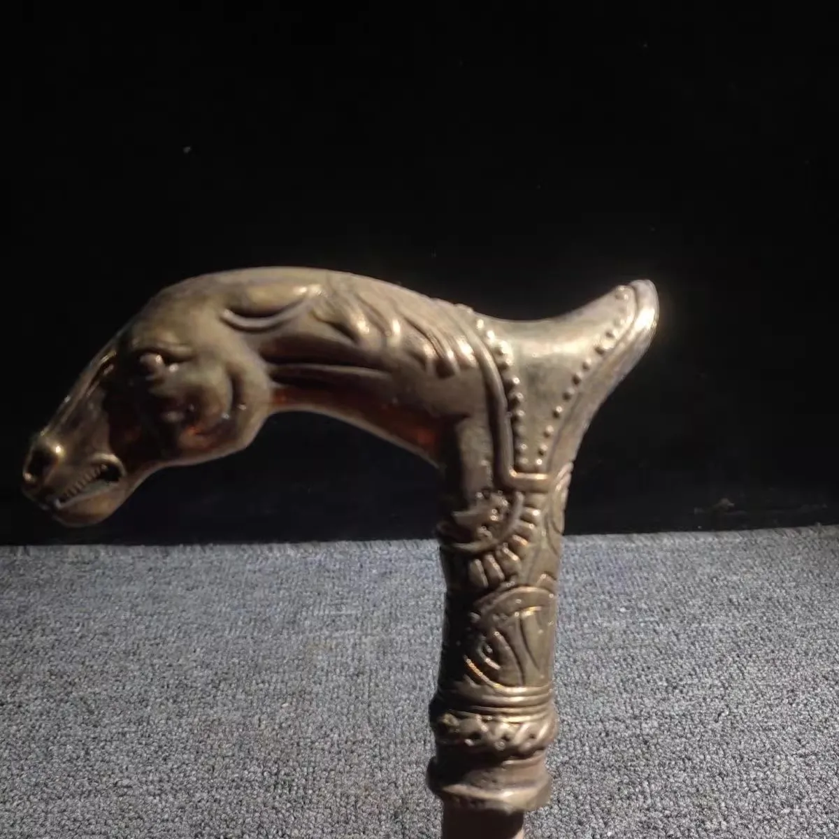Chinese Zodiac Horse's Head Horse Brass Copper Hand Carved Cane Walking Stick Snake Head Handle Statue