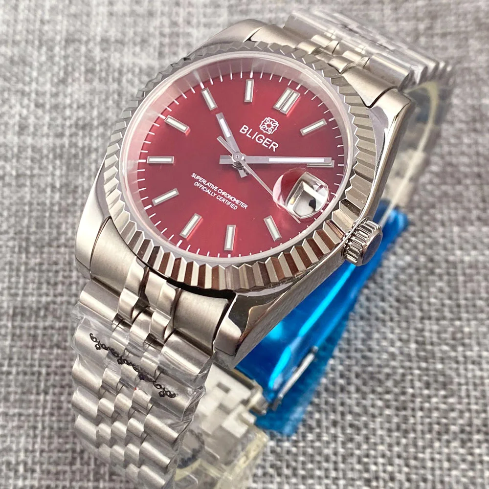 BLIGER 36mm 39mm Watch For Men NH35A Ice Blue Red Pink Sunburst Dial Sapphire Glass Stainless Steel Jubilee Strap New