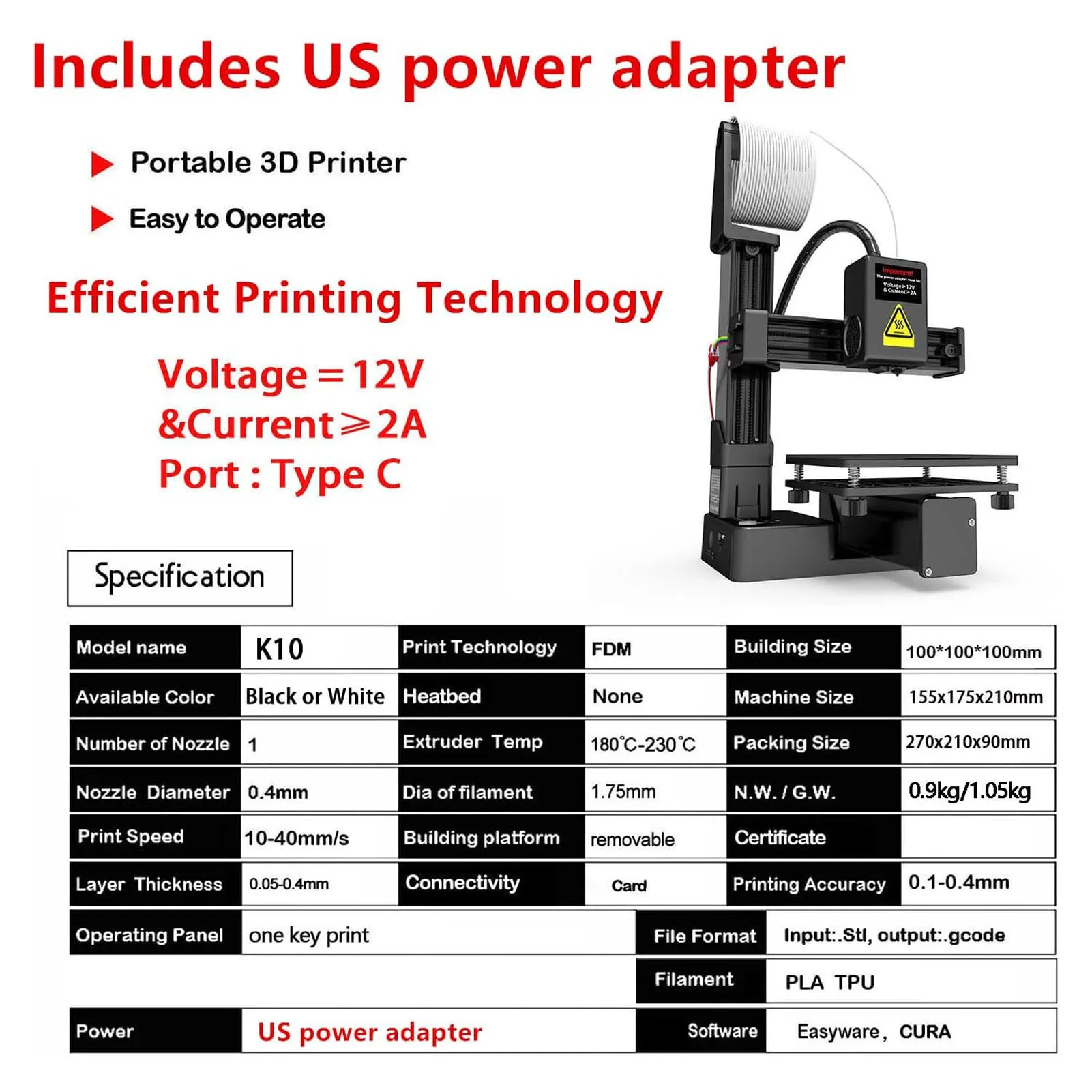 Portable 3D Printer Mini Compact with Removable Build Plate for PLA TPU Filament 0.4mm Nozzle 100x100x100mm Build Volume