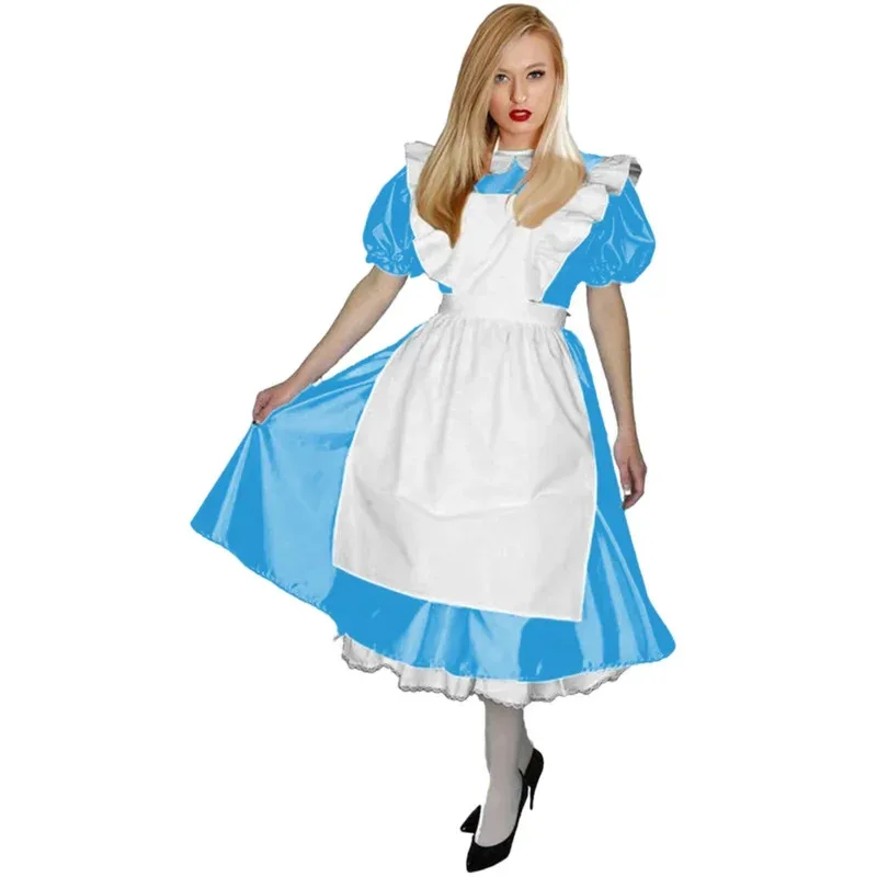 

DY20Блестящая кожаная униформа горничной Лолиты из ПВХ с воротником Питера Пэна, платье миди французской горничной с рюшами, фартук для горничной на Хэллоуин, косплей C VT