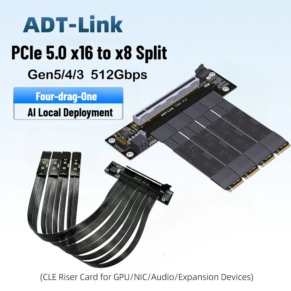 4-Ports M.2 M2 PCIe 5.0 X16 to X8 Split Extension Cable For AI Local Deployment Solution (X8+X8) One to Four Bifurcation Adapter