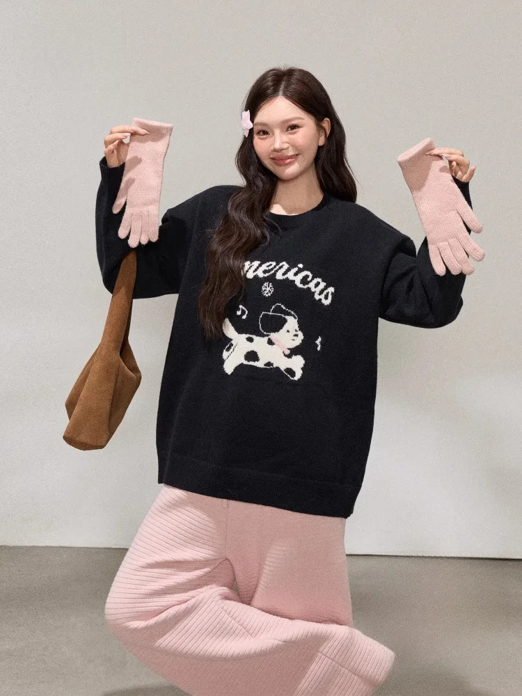 

Комплект: свитер с круглым вырезом и брюки с высокой талией, повседневный, больших размеров, для женщин, удобный, свободного кроя, в корейском стиле, модный, комплект больших размеров