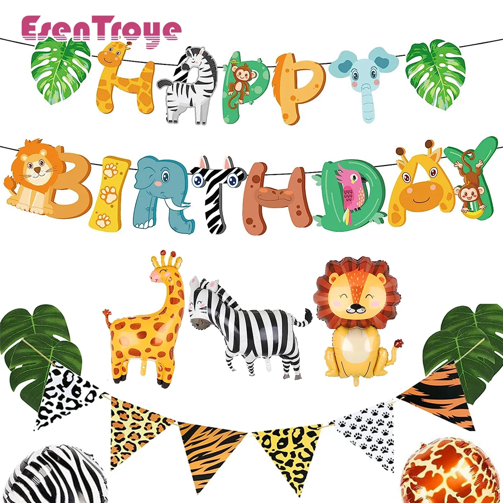 Safari Animals Leopard Tiger Print Happy Birthday Banner Pennant Sign for Kids Jungle Animal Party Decoration Baby Shower Favors