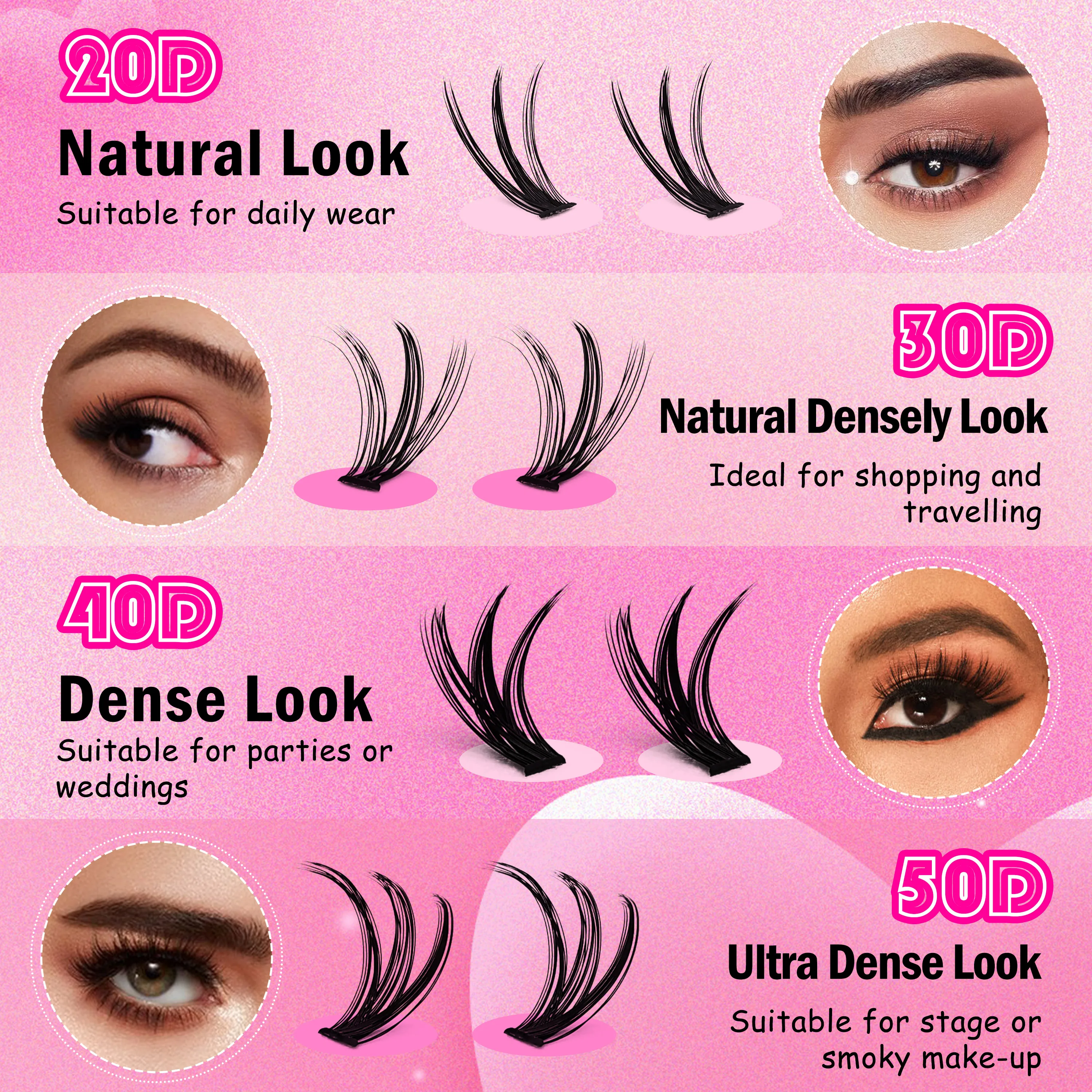 Lash Clusters Soft Natural Eyelash 20D30D40D50D Extension Set 8-16mm Contact Lens Friendly Easy to Apply Reusable Strip Lashes