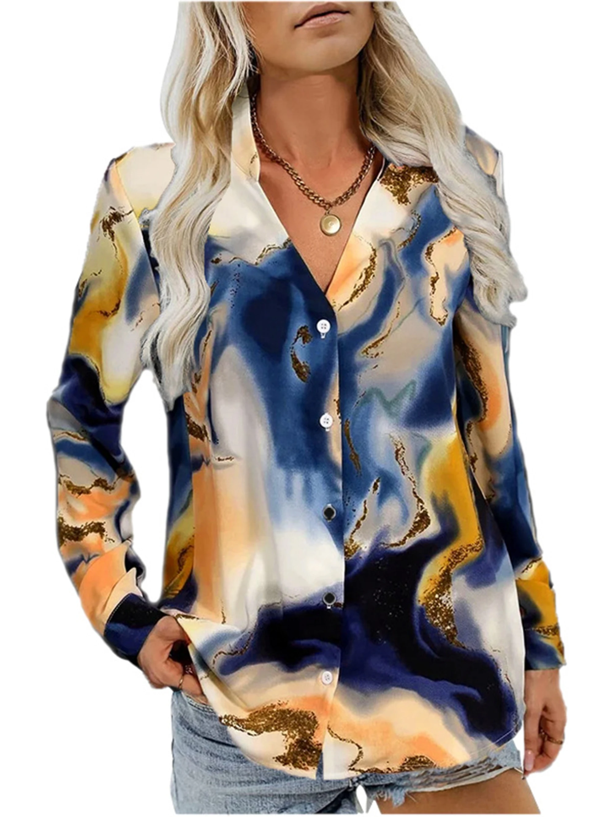 2024 Europe and the United States autumn new women\'s long-sleeve printed button-down shirt V-neck blouse women