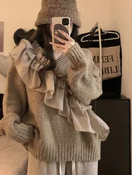 Causal Long Sleeve V-neck Pullover Knitwear Chic Ruffle Patchwork Woman Sweater Autumn Winter 2022 New Pull Jumpers