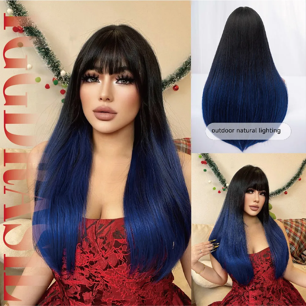 28Inch Black-Blue Ombre Christmas Synthetic Wigs With Bangs Long Straight Hair For Women Daily Use Cosplay Party Heat Resistant