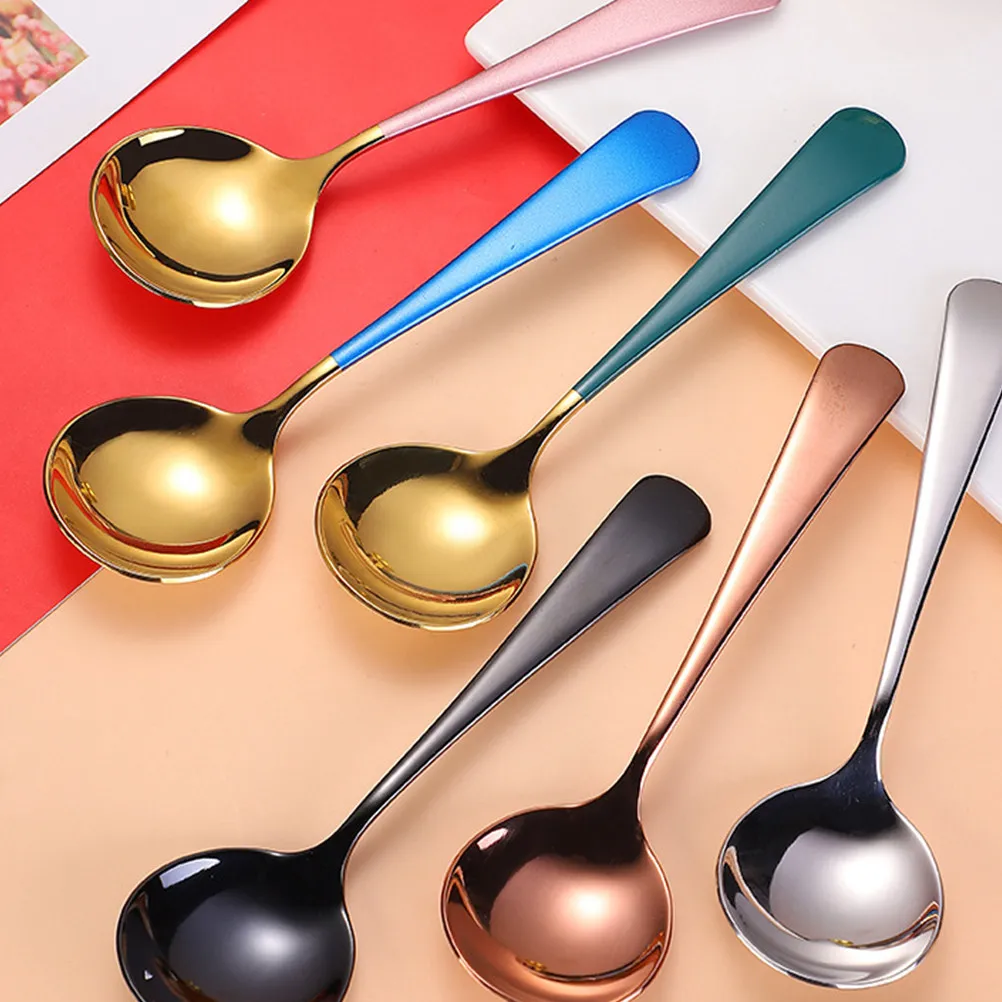 

1Set Household Round Soup Spoons Set Stainless Steel Rustproof Smooth Edge Dessert Ice Cream Coffee Stirring for Bar Party Home