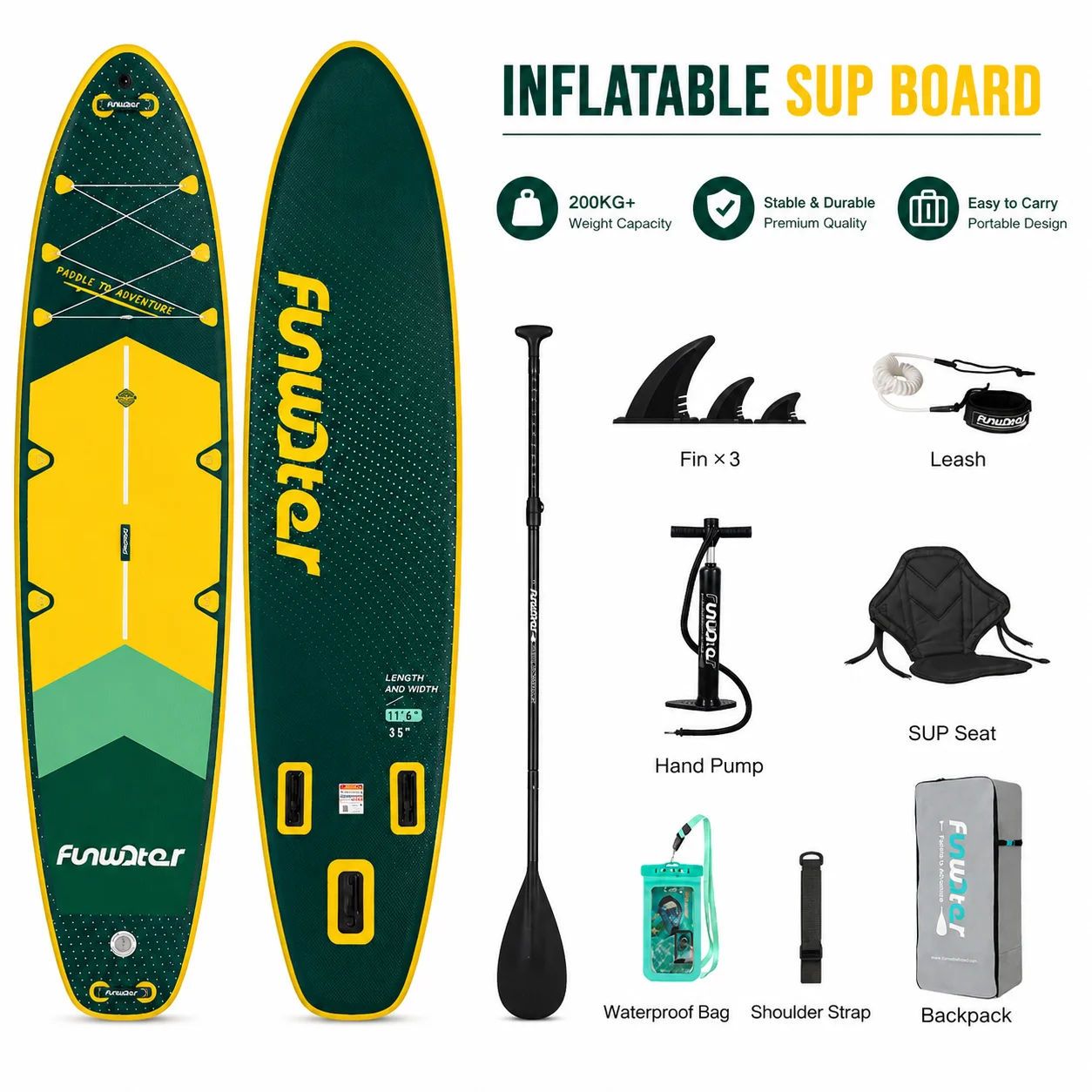 Funwater SUPFW43A Planche de paddle gonflable 350x90x15cm, capacité 200kg, pour adultes et jeunes, avec pagaie réglable, 3 ailerons, siège SUP, leash de sécurité, pompe manuelle, sac étanche, sangle d'épaule, stable, durable, portable, kit de sport nautique